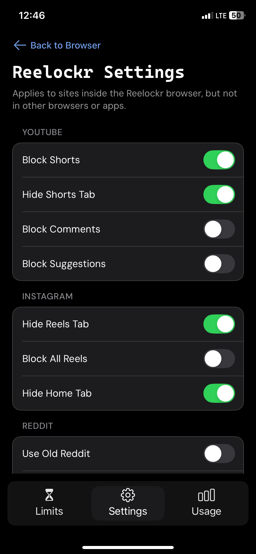 A phone showing Relockr settings to turn features on or off